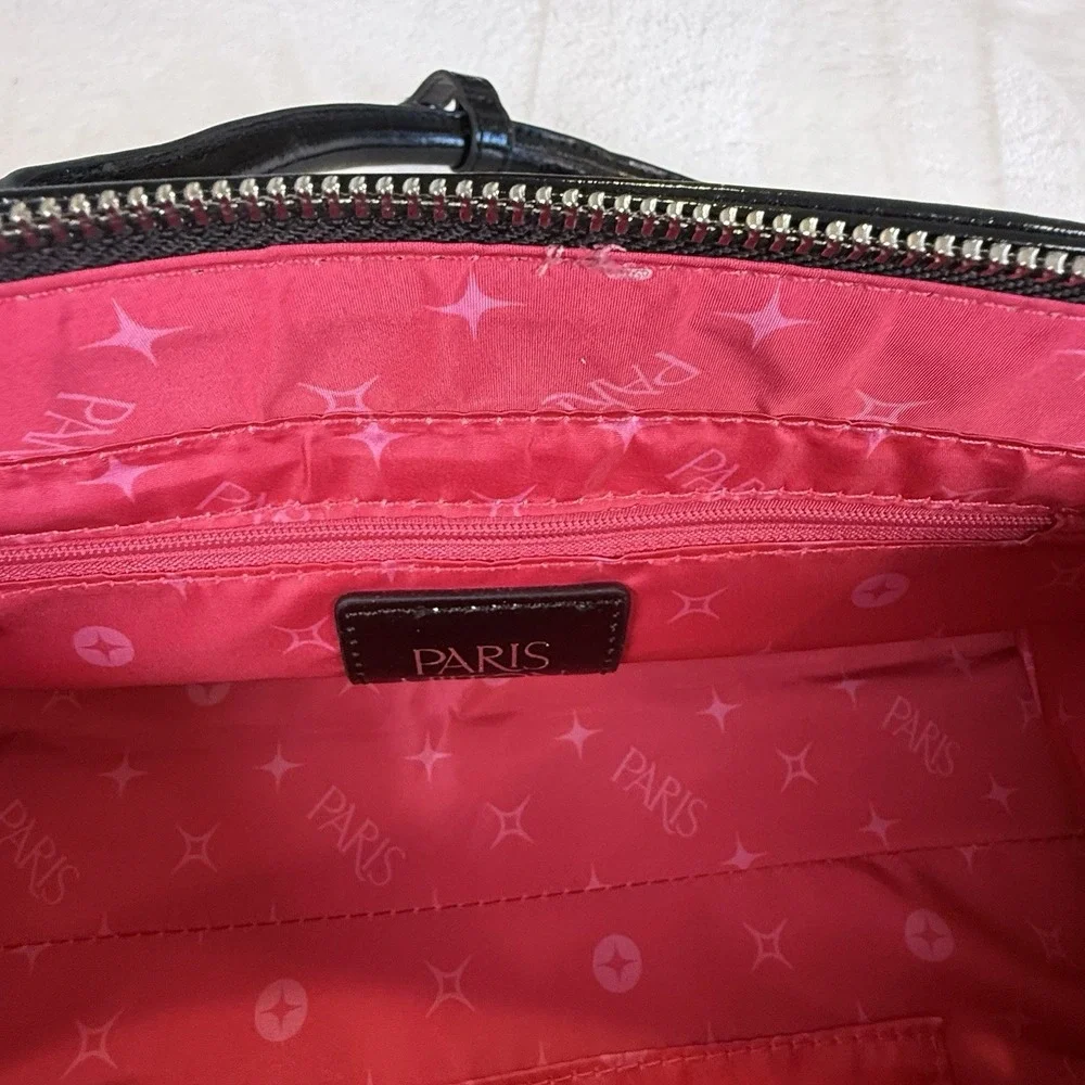 PARIS Black Patent Handbag Satchel Purse Silver Hardware Pink Lining Y2K